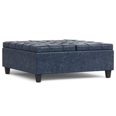 Harrison Vegan Faux Leather Large Square Coffee Table Storage Ottoman In Denim Blue