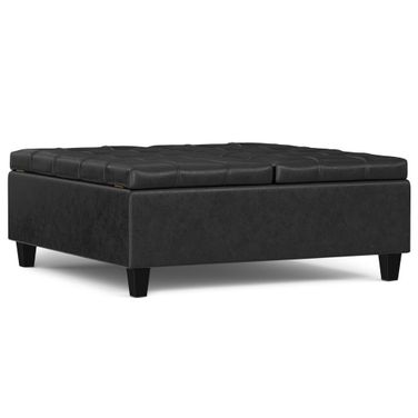 Harrison Vegan Faux Leather Large Square Coffee Table Storage Ottoman In Distressed Black