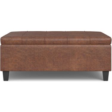 Harrison Vegan Faux Leather Large Square Coffee Table Storage Ottoman In Distressed Saddle Brown