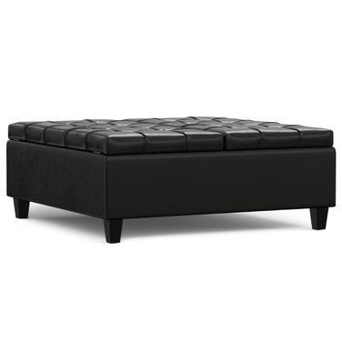 Harrison Vegan Faux Leather Large Square Coffee Table Storage Ottoman In Midnight Black