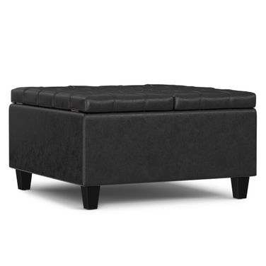 Harrison Vegan Faux Leather Small Square Coffee Table Storage Ottoman In Distressed Black