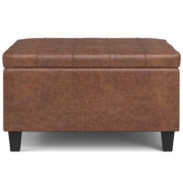 Harrison Vegan Faux Leather Small Square Coffee Table Storage Ottoman In Distressed Saddle Brown