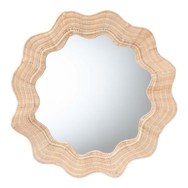 Hasana Scalloped Rattan Round Accent Wall Mirror In Natural