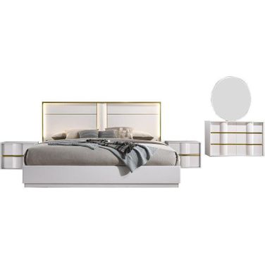 Havana 5 Piece Poplar Wood California King Bedroom Set In White And Gold Trim