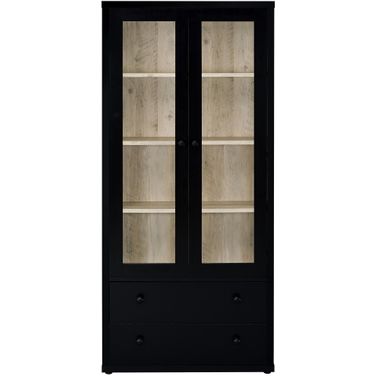 Hawthorne 4-Shelf Glass Door Cabinet with Drawers In Black and Distressed Pine