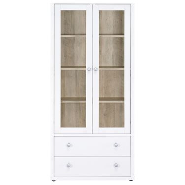 Hawthorne 4-Shelf Glass Door Tall Cabinet with Drawers In White and Distressed Pine