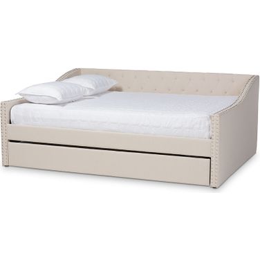 Haylie Modern And Contemporary Beige Fabric Upholstered Queen Size Daybed With Roll-Out Trundle Bed