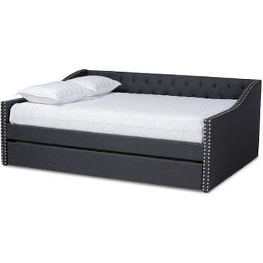 Haylie Modern And Contemporary Dark Grey Fabric Upholstered Queen Size Daybed With Roll-Out Trundle Bed