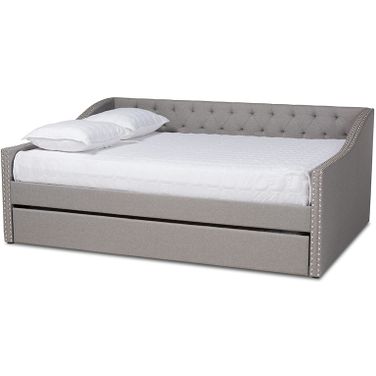 Haylie Modern And Contemporary Light Grey Fabric Upholstered Full Size Daybed With Roll-Out Trundle Bed