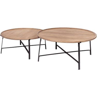 Helios Brown Solid Wood Top Black Metal Base Nesting Coffee Tables Set of 2