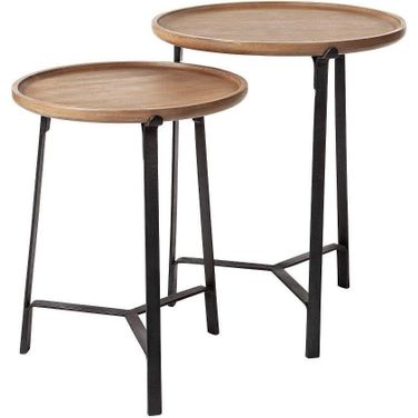 Helios Iii Round Brown Solid Wood Iron Base Nesting Side Tables Set of 2