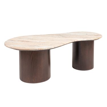 Hendrix Asymmetrical Oblong Marble and Mango Wood Pillar Coffee Table In Walnut