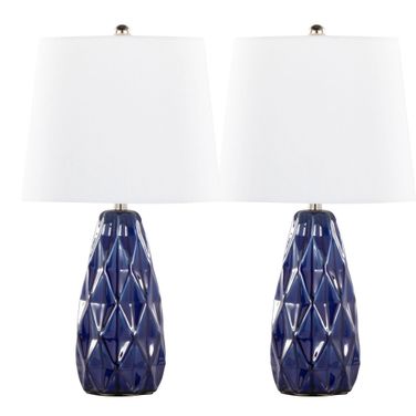 Hex 20 Inch Ceramic Linen Shade Accent Lamp Set of 2 In Estate Blue and Polished Nickel