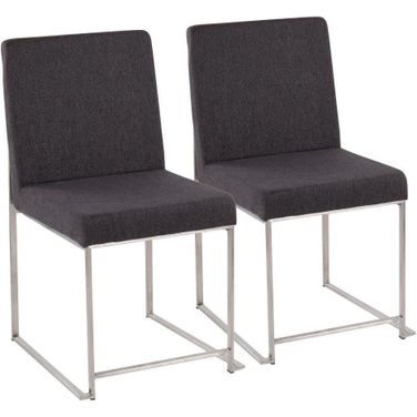 High Back Fuji Dining Chair Set of 2 in Brushed Stainless Steel and Charcoal Fabric