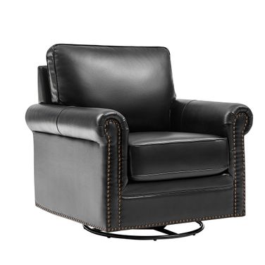 Higinio Genuine Leather Swivel Rocker Chair In Black