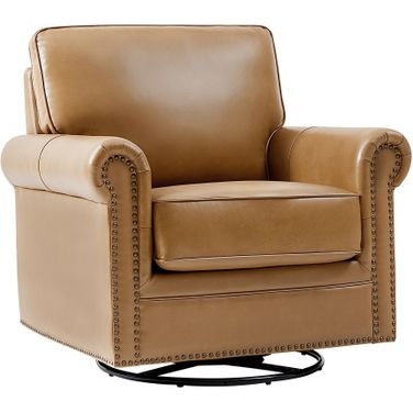 Higinio Genuine Leather Swivel Rocker Chair In Camel