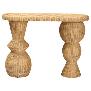 Hisao Checkered Console Table with Sculptural Base In Natural Rattan