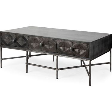 Hogarth 48 x 24 Inch Brown Solid Wood Top Iron Metal Base with 6 Drawers Rectangular Coffee Table In Black