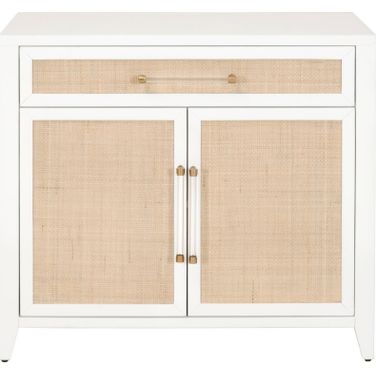 Traditions Holland Media Chest In Matte White and Natural Rattan
