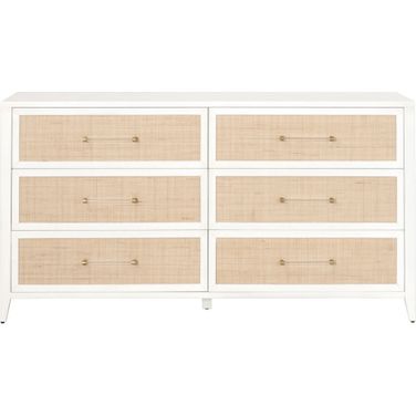 Traditions Holland 6 Drawer Double Dresser In Matte White and Natural Rattan