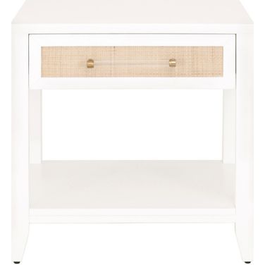 Traditions Holland 1 Drawer Side Table In Matte White and Natural Rattan