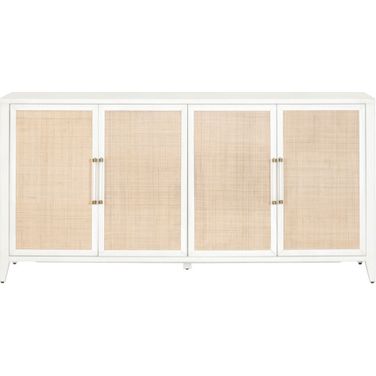 Traditions Holland Media Sideboard In Matte White and Natural Rattan