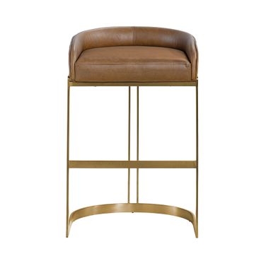 Hollyfield II Leather Seat Barstool with Metal Base In Brown and Gold
