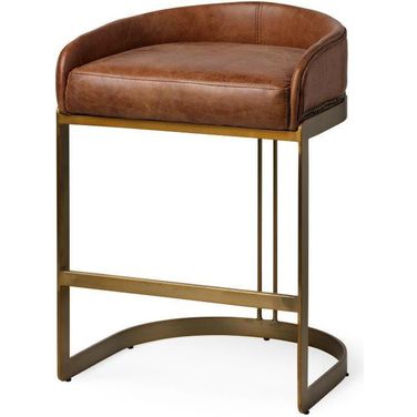 Hollyfield Total Height Brown Leather Seat Gold Metal Base Stool