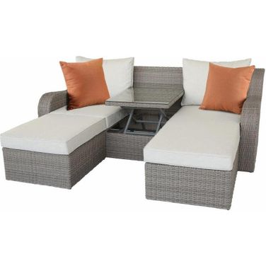 Homeroots 3 Piece Beige Fabric and Gray Wicker Patio Sectional and Ottoman Set