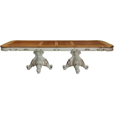 Homeroots Antique Pearl Cherry Oak Wood Poly Resin Dining Table With Double Pedestal