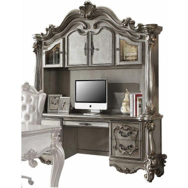 Homeroots Antique Platinum Wood Poly Resin Glass Computer Desk And Hutch