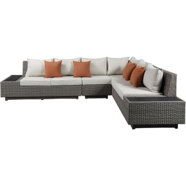 Homeroots Beige Fabric And Gray Wicker Patio Sectional And Cocktail Table