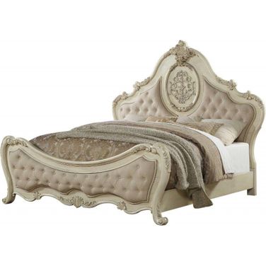Homeroots Beige Linen Antique White Wood Upholstery California King Bed