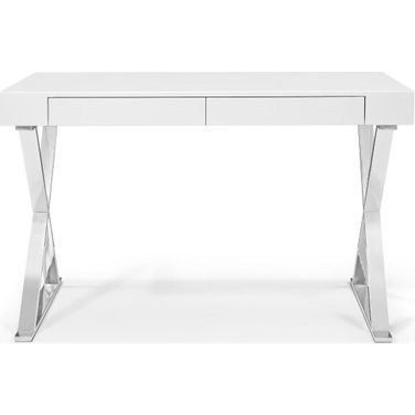 Homeroots Desk With Large High Gloss White Two Drawers Stainless Steel Base
