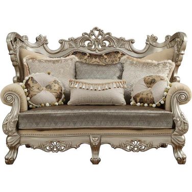 Homeroots Fabric And Champagne Upholstery Wood Leg And Trim Loveseat With 6 Pillows