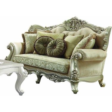 Homeroots Fabric Champagne Upholstery Wood Leg And Trim Loveseat With 5 Pillows