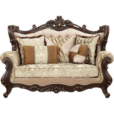 Homeroots Fabric Walnut Upholstery Wood Leg And Trim Loveseat With 5 Pillows