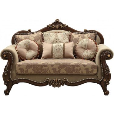 Homeroots Fabric Walnut Upholstery Wood Leg And Trim Loveseat With 6 Pillows
