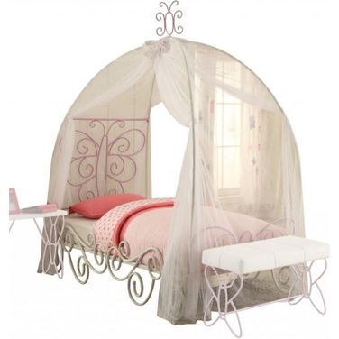 Homeroots Full White And Light Purple Metal Tube Bed With Canopy