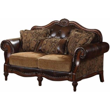 PU Tone Brown PU Chenille Upholstery Wood Loveseat With 3 Pillows