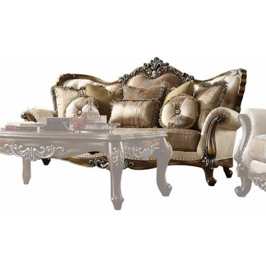Homeroots Tan Pattern Fabric Antique Oak Upholstery Wood Sofa With 6 Pillows 348230
