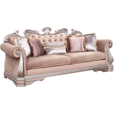 Homeroots Velvet Antique Champagne Upholstery Poly Resin Sofa With 5 Pillows