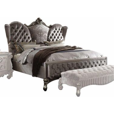 Homeroots Velvet Antique Platinum Upholstery Poly Resin California King Bed 348194
