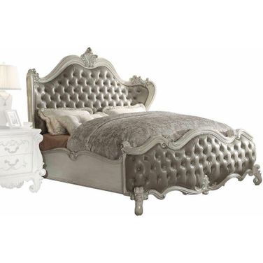 Homeroots Vintage Gray Pu Bone White Wood Poly Resin Upholstery California King Bed 348177