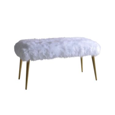 Homeroots White Faux Fur Gold Metal Upholstered Bench 347539