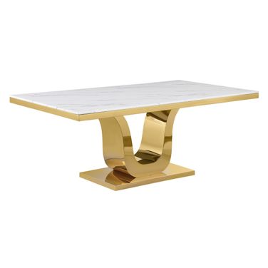 Hozan 78 x 42 Inch Dining Table In White Marble and Gold Steel