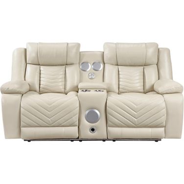 Huron Power Double Reclining Loveseat with Center Console and Charging Ports In Beige