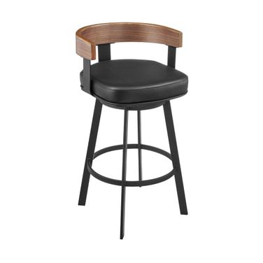 Idris 26 Inch Swivel Counter Stool In Black Iron with Walnut Finish and Vintage Black Faux Leather