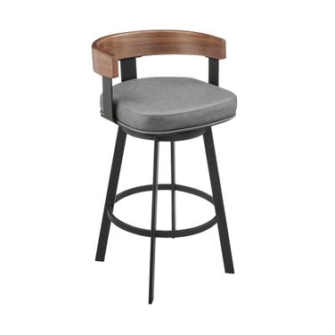 Idris 26 Inch Swivel Counter Stool In Black Iron with Walnut Finish and Vintage Gray Faux Leather