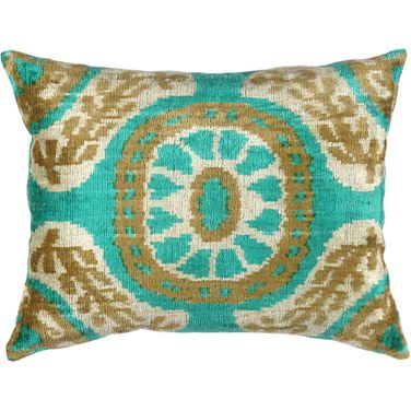 Ikat Velvet Pillow- 15" x 20" In Green and Beige